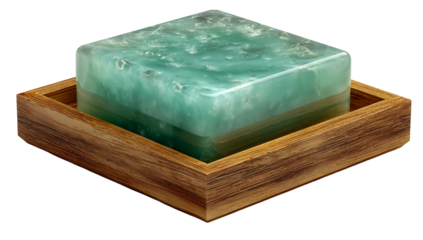 Greenish-blue translucent cube in wooden tray, abstract texture isolated on transparent background