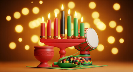Kwanzaa celebration with traditional kinara candles unity cup symbolic corn and vibrant drum arranged in festive African colors creating warm cultural atmosphere on glowing background for commercial 