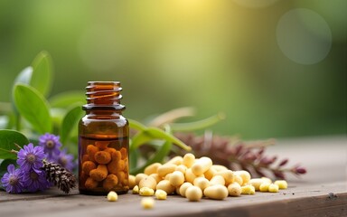 homeopathic granules, medicinal herbs on a natural wooden table on a natural background. alternative medicine and homeopathy. High quality