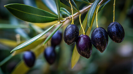 Black olives hanging on a branch, glossy texture, Mediterranean natural light, outdoor setting