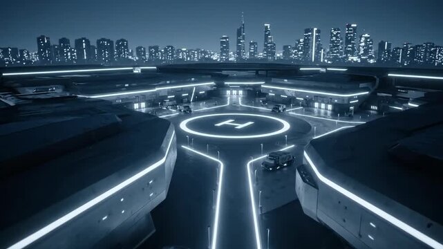 Futuristic city at night with a glowing helipad and modern skyscrapers in the background.