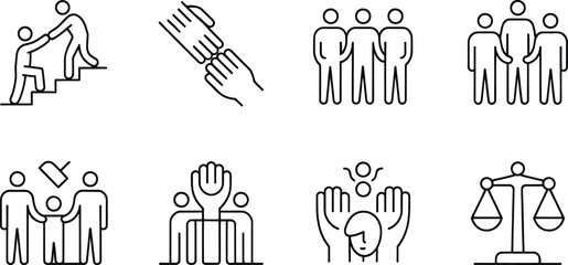 Community Support and Teamwork Line Icons Set &ndash; Social Care, Equality, Cooperation, Charity, Helping Hands Vector Illustration.