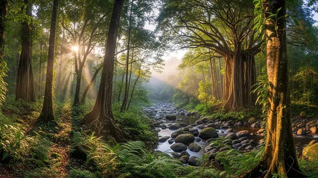 Serene Panoramic Rainforest Landscape with Diverse Flora and Towering Trees on spectacular, curve, border