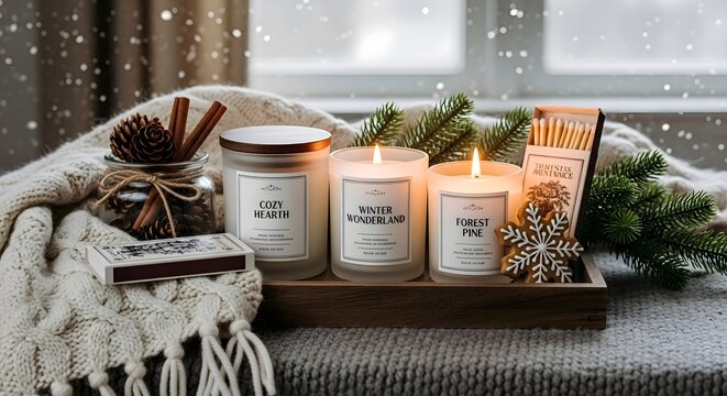 Cozy winter evening with three lit candles, pinecones, and evergreen branches, evoking warmth and holiday spirit