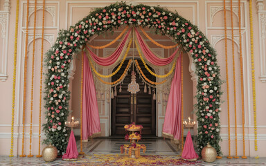 Obraz premium Royal Palace Arch Backdrop Decorated with Roses, Marigolds & Festive Lights for Dussehra Celebration