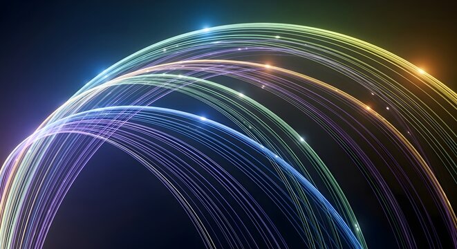 Dynamic abstract glowing light trails forming a vibrant arching network, symbolizing high-speed data flow, digital connectivity, and futuristic technology for seamless global communication - Powered by Adobe