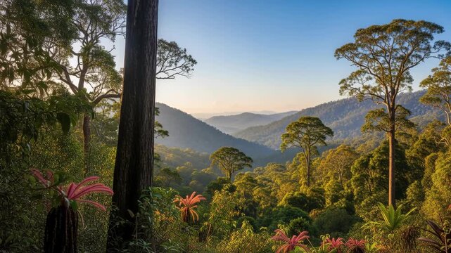 Serene Panoramic Rainforest Landscape with Diverse Flora and Towering Trees on reflections, hawaii, colourful