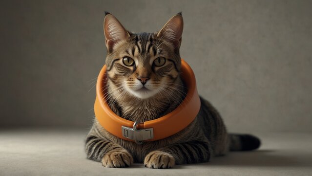 Striped tabby cat wearing orange collar lying on floor indoors