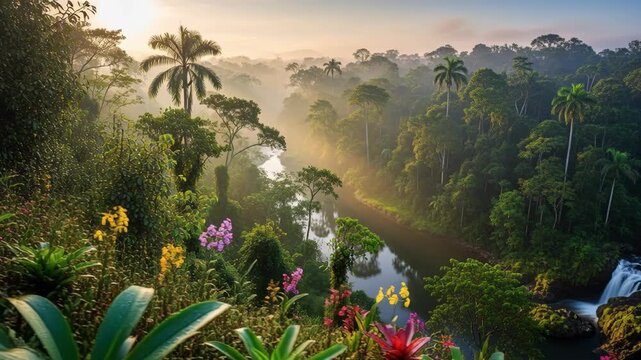 Serene Panoramic Rainforest Landscape with Diverse Flora and Towering Trees on spectacular, curve, border