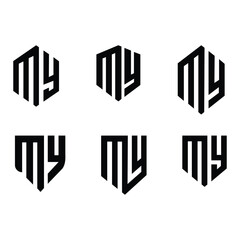 Six black shield and hexagon logos with letters MY