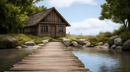 Serene wooden cabin by tranquil water featuring a rustic dock and gentle ripples under daylight