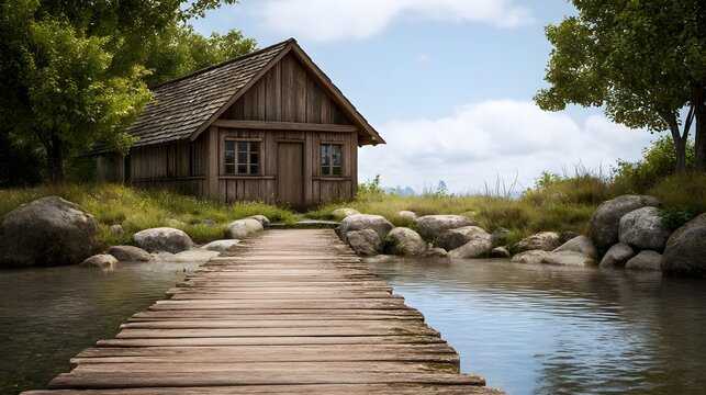 Serene wooden cabin by tranquil water featuring a rustic dock and gentle ripples under daylight