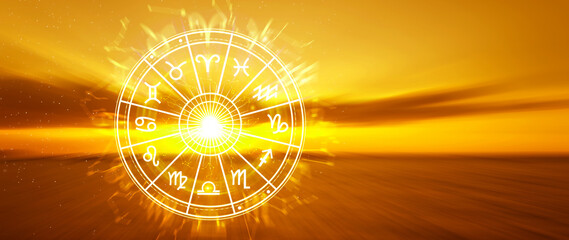 Horoscope with zodiac signs concept. astrology and money wealth concept, Astrological zodiac signs inside of horoscope circle, knowledge of stars in the sky