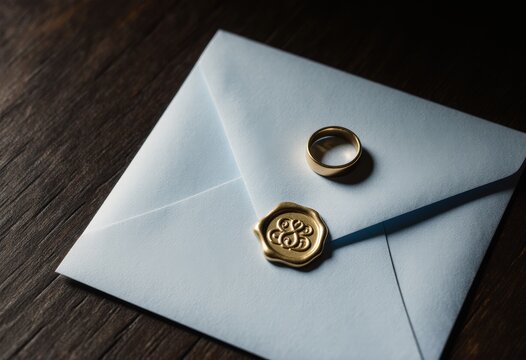 Elegant blue envelope with gold seal and ring on wooden table