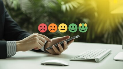 Customer Feedback: A person uses a smartphone to provide customer feedback. Colorful emoticons are presented above the device, each expressing a different emotion, ranging from unhappy to delighted.