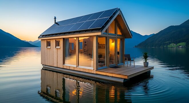 Floating cabin on lake with solar panels reflecting in water at sunset - Powered by Adobe