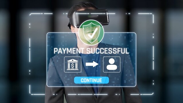 A man wearing a virtual reality headset experiences successful payment confirmation through a digital interface, showcasing modern finance interactions with technology. Raster - Powered by Adobe
