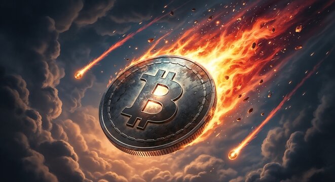 Bitcoin coin burning and falling through dark stormy sky  