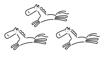 手描きの元気に走る3頭のかわいい馬　モノクロ　ラインアート