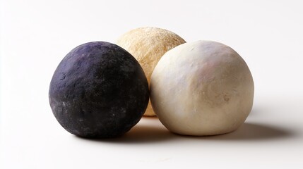 Fototapeta premium Three different colored dough balls representing charcoal, whole wheat, and white flour varieties on a plain background.