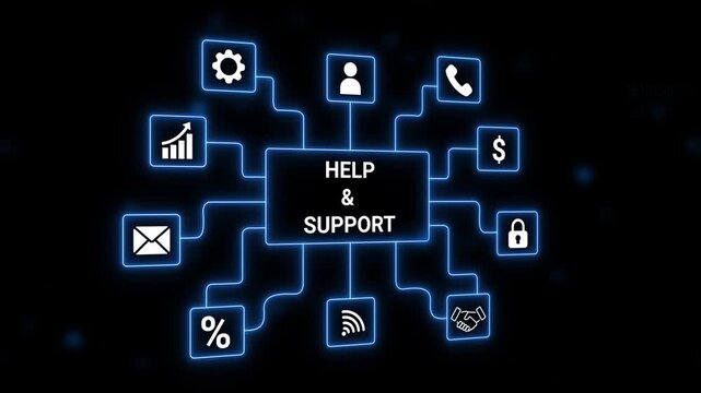 Help and Support Network Diagram with Service Icons and Blue Neon Glow customer service assistance
