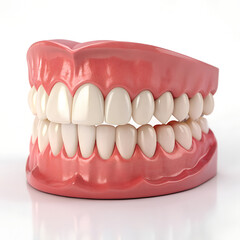 Obraz premium A realistic 3D model of a full set of dentures with white teeth and pink gums. A dental prosthesis for oral healthcare, isolated on a white background. Generative Ai.