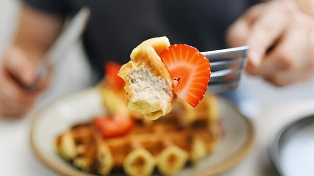 Waffle with Strawberries on a Fork | Close-Up of Delicious Breakfast Food being Eaten for Restaurant Menus and Recipe Blogs