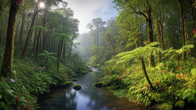 Serene Panoramic Rainforest Landscape with Diverse Flora and Towering Trees on magical, dreamy, powerful