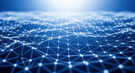 Abstract digital technology background with glowing blue lines and data flow creating a futuristic grid tunnel effect representing cyberspace, artificial intelligence, and big data concepts in a dark 