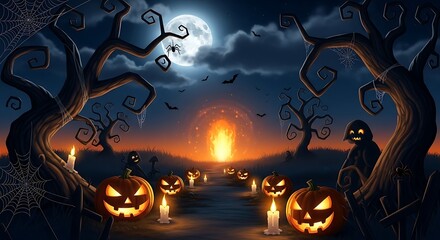 Eerie Halloween night scene with pumpkins candles bats and spooky trees