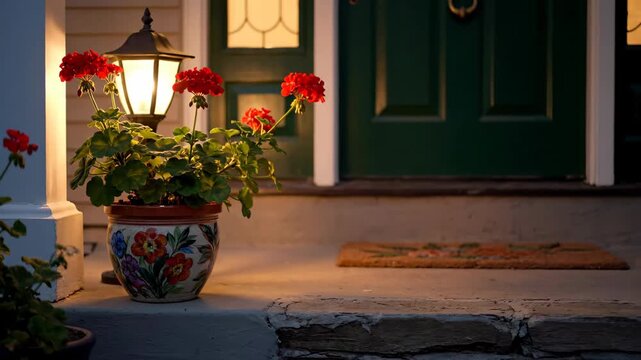 A cozy front porch at dusk with a lit lantern, red geraniums in a decorative pot, and a dark green door.