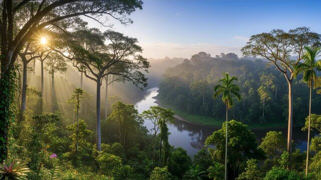 Serene Panoramic Rainforest Landscape with Diverse Flora and Towering Trees on wonder, sustainable, leafy