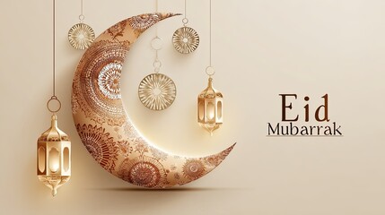 Islamic lantern with moon and mosque on light beige background, elegant Eid Mubarak and Ramadan Kareem greeting card concept with space for text, decorative pendant design, festive and spiritual atmos
