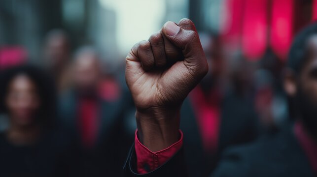Close-up of a raised fist in a city protest, symbolizing unity, empowerment, and solidarity amid a diverse crowd. - Powered by Adobe