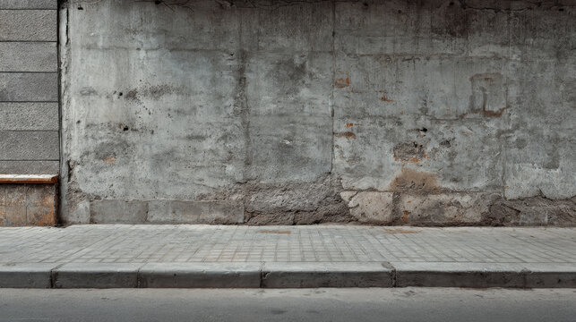 Old concrete grunge wall with an adjacent sidewalk.