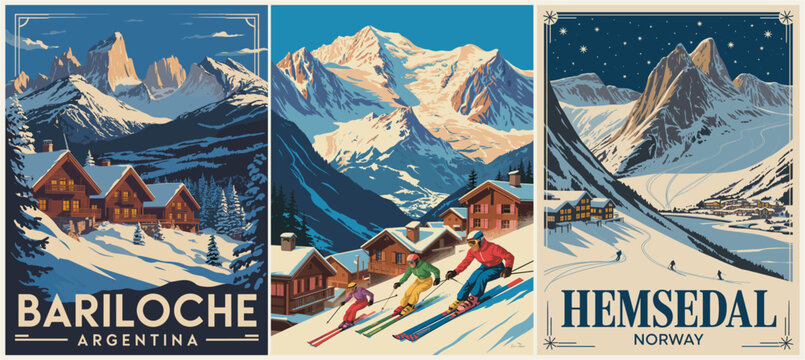 Vintage travel poster triptych of mountain ski resorts in Bariloche and Hemsedal, featuring snowy peaks, chalets, skiers, starry night, retro colors, and bold clean lines