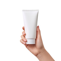 Hand holding white cosmetic tube png skincare png lotion png beauty png packaging png mockup png cream png product png hygiene png container png transparent background image