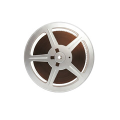 Fototapeta premium Vintage Film Reel With Brown Tape Isolated On Black Background Retro Cinema And Movie Production Object