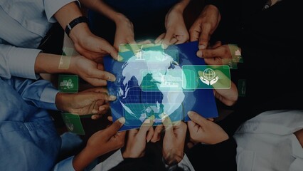 A group of diverse hands gather around a globe, symbolizing unity and cooperation. Digital elements enhance themes of sustainability and collaboration in modern society. Raster