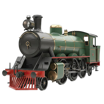 Vintage Green Steam Locomotive with Brass Accents and Red Details Isolated on White Background Classic Transportation Object Detailed Front View