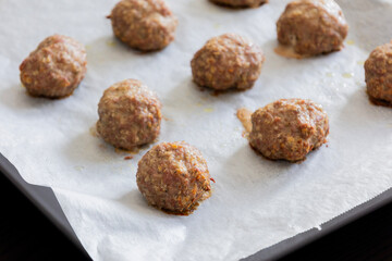 baked turkey meatballs in tray close-up