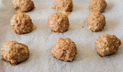 baked turkey meatballs in tray close-up