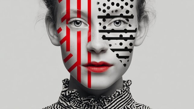 Creative portrait featuring geometric and polka dot face paint with contrasting red and black designs on a young woman's face.