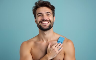 Fototapeta premium Smiling adult attractive caucasian guy show shoulder with band aid after vaccination. High quality
