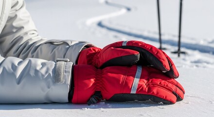 Woman in red ski gloves resting on snowy ground, winter close-up