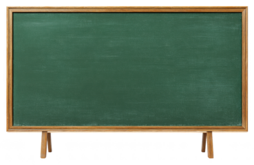 An empty green chalkboard with a wooden frame, isolated on transparent background. Perfect for educational design themes