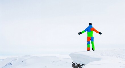 Man in colorful suit standing on snowy cliff edge with arms open