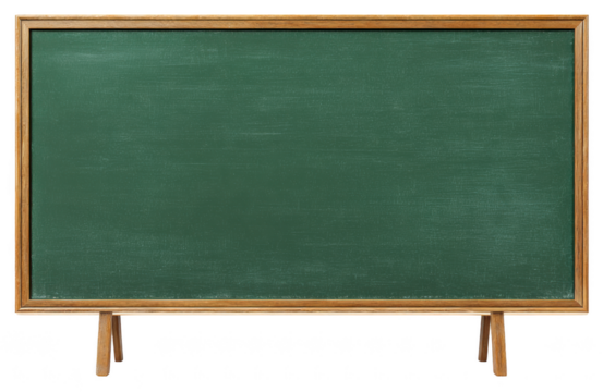 An empty green chalkboard with a wooden frame, isolated on transparent background. Perfect for educational design themes