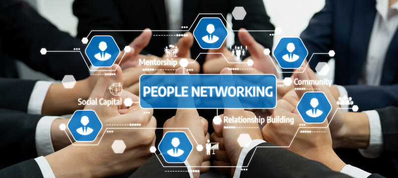 A captivating image showcasing hands coming together to symbolize effective networking. Digital icons emphasize mentorship, community, and relationship building, enhancing collaboration. Amity