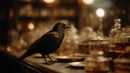 Naklejka premium A raven stands gracefully on a counter surrounded by vintage apothecary jars in warm, atmospheric lighting.